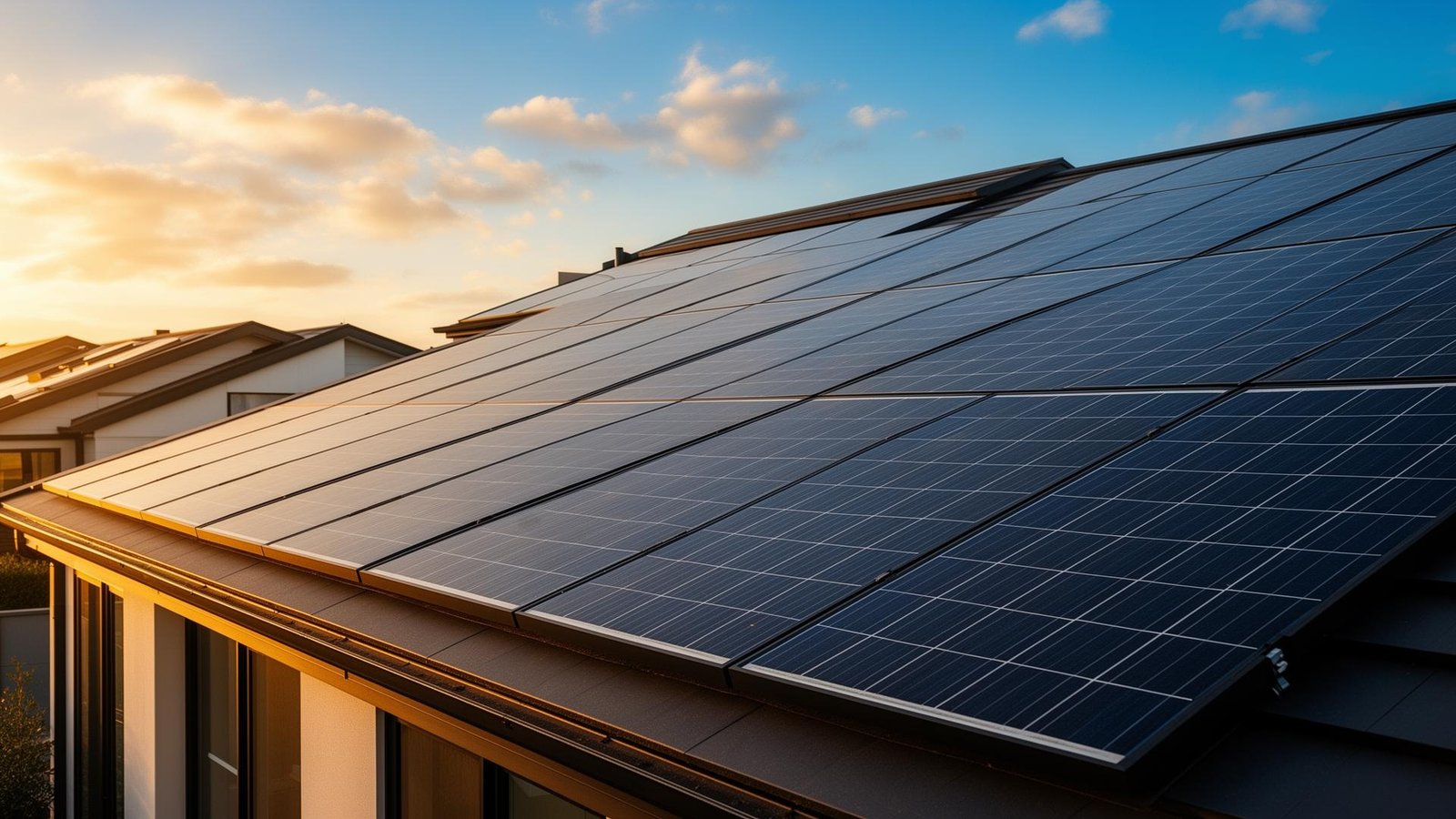 Painéis solares em telhado ao pôr do sol